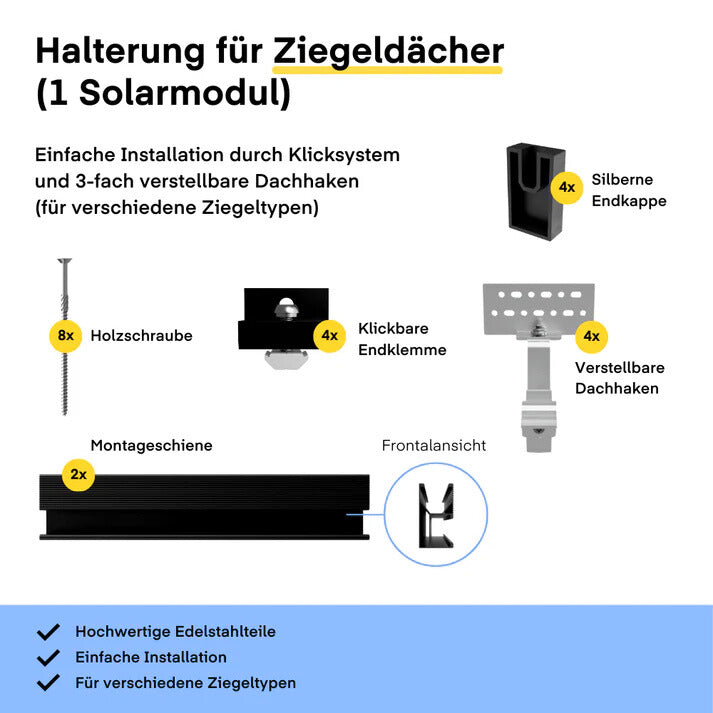 Montagesystem - Roof Ziegeldach ( 1 Modul bis 117 cm Breite, schwarz)